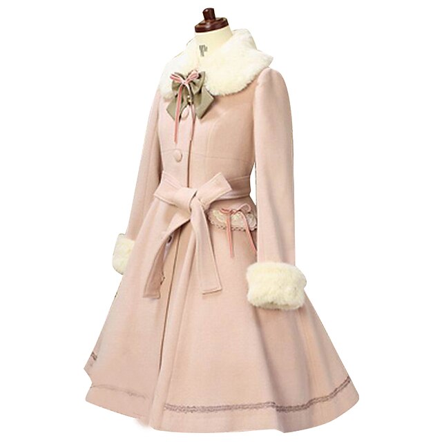  Princess Lolita Fur Trim Girly Coat Winter Cotton Women's Girls' Japanese Cosplay Costumes Solid Colored Long Sleeve Above Knee Medium Length