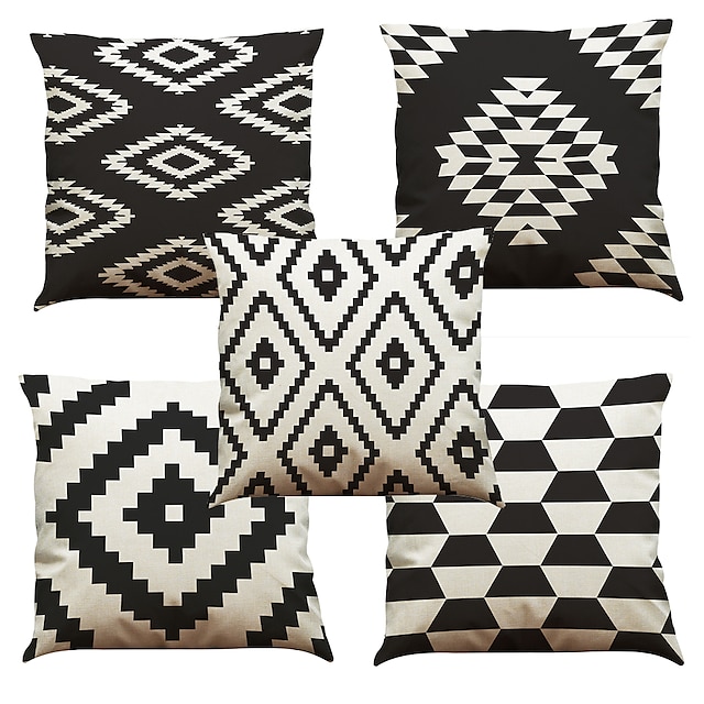  conjunto de 5 capas de travesseiro naturais / orgânicas em xadrez floral de cor sólida, casual retro tradicional / clássico, almofada externa para sofá-cama poltrona 45 * 45cm preto branco