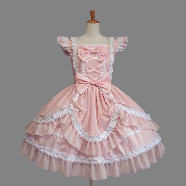  Princess Sweet Lolita Vacation Dress Dress Cotton Women's Girls' Japanese Cosplay Costumes Plus Size Customized Pink Solid Color Fashion Ball Gown Short Sleeve Cap Sleeve Short / Mini / Tuxedo