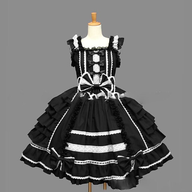  Princess Gothic Lolita Vacation Dress Dress JSK / Jumper Skirt Prom Dress Cotton Women's Girls' Japanese Cosplay Costumes Plus Size Customized Black Vintage Ball Gown Sleeveless Cap Sleeve Short