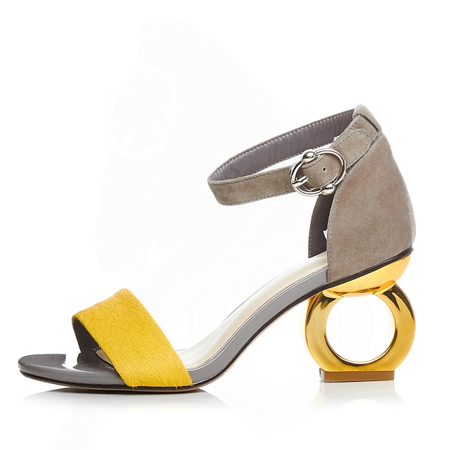  Women's Sandals Sculptural Heel Open Toe High Heel Sandals Suede Buckle Screen Color Black Yellow