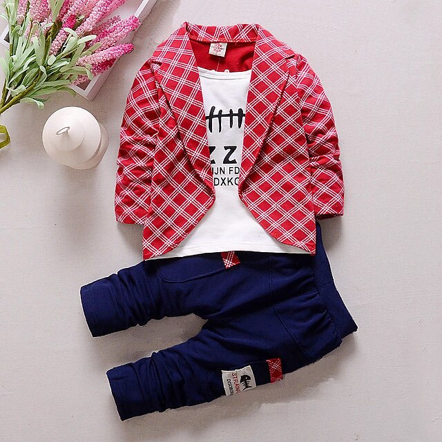  Kid's Boys' T shirt Suit & Blazer Clothing Set 3 Pieces Yellow Gray Red Plaid Patchwork Letter Party School Casual Cotton Regular Outfits Check 1-5 Years / Fall / Spring / Summer