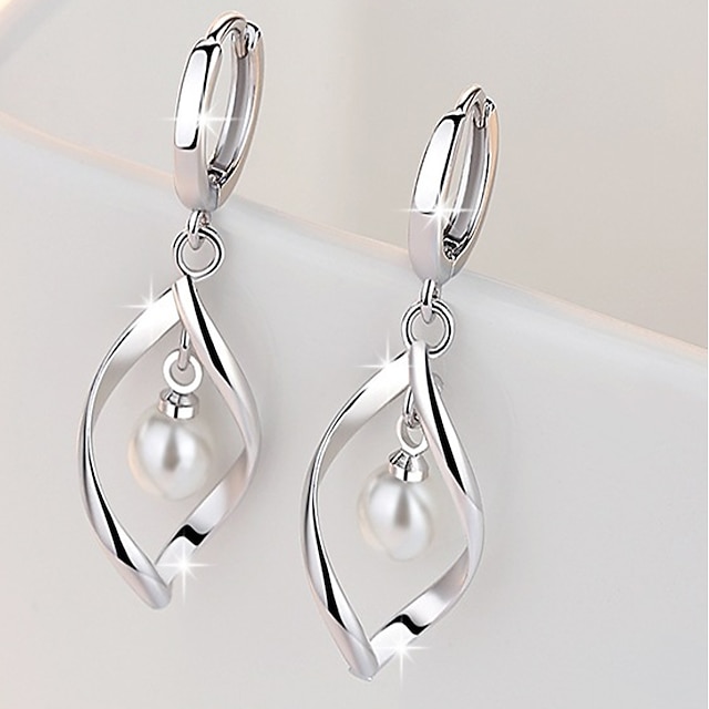  Women's Stud Earrings Drop Earrings Dangle Earrings Leaf Long Twisted Sterling Silver Imitation Pearl Ladies Fashion Simple Style Earrings Jewelry Silver For Daily Work