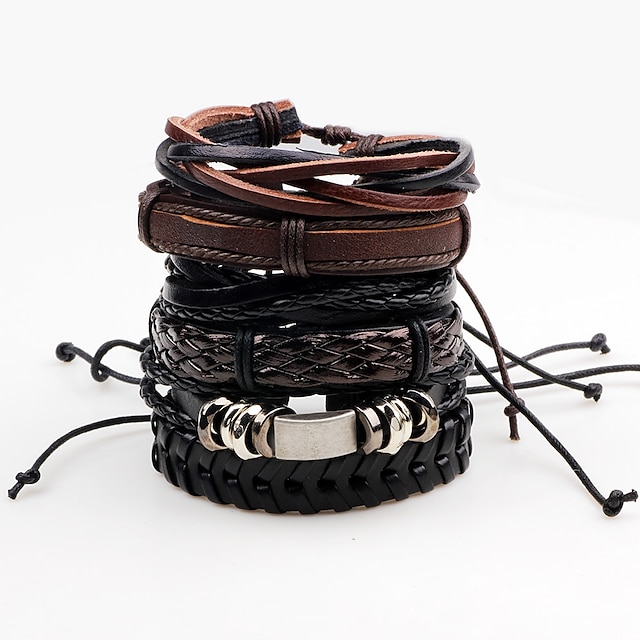  Men's Wrap Bracelet Leather Bracelet Rope Twisted woven Rock Paracord Bracelet Jewelry Black For Stage Club