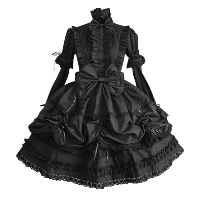  Gothic Lolita Plus Size Punk Princess Dress Cotton Women's Girls' Japanese Cosplay Costumes Plus Size Customized Black Solid Colored Ball Gown Long Sleeve Puff Balloon Sleeve Medium Length