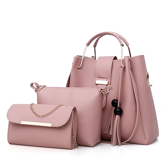  Women's Bags PU Leather Bag Set 3 Pcs Purse Set Zipper Tassel Shopping Bag Sets Handbags White Black Red Blushing Pink