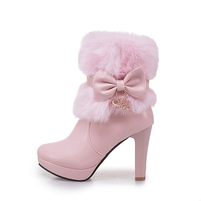  Women's Boots Block Heel Boots Mid Calf Boots Booties Ankle Boots Bowknot Pumps Round Toe Sweet Dress Faux Leather Zipper Winter Solid Colored White Black Pink / Booties / Ankle Boots