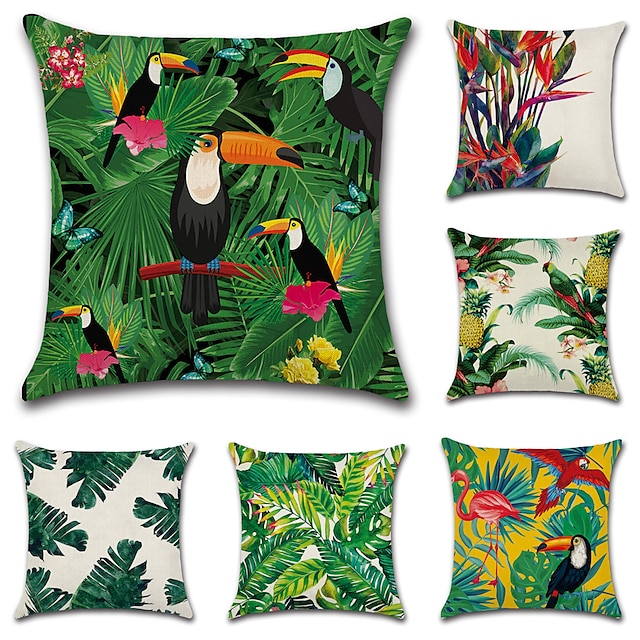  6er Set Baumwolle / Kunstleinen Kissenbezug, botanisches europäisches Dekokissen Outdoor-Kissen für Sofa Couch Bett Stuhl grün