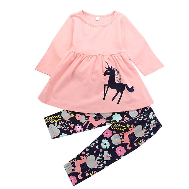  Girls' Clothing Set Long Sleeve Blushing Pink Unicorn Modern Style Cartoon Animal Pattern Floral Print Animal Daily Holiday Cotton Long Casual / Cute / Fall / Spring / Ruched