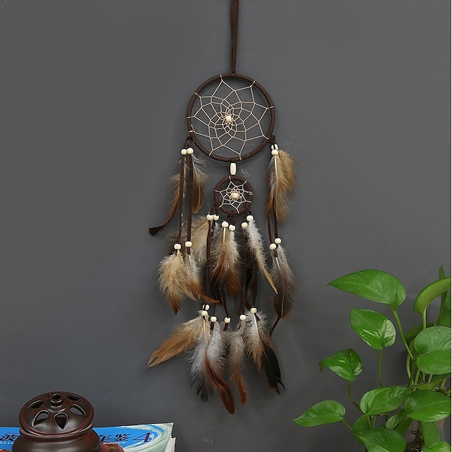  Dream Catcher Handmade Gift with Small Circle Gradient Feather and Beaded Wall Hanging Decor Art Indian Style 55*11 cm