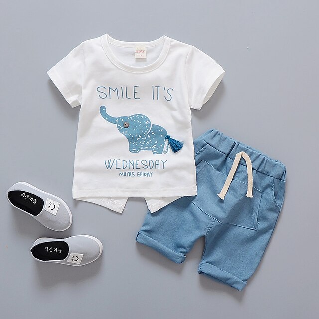  Baby Jungen Kleidungsset Outfit Bedruckt Bedruckt Kurzarm Baumwolle Set Schulanfang Frühling Sommer Aktiv Rosa Blau Grün