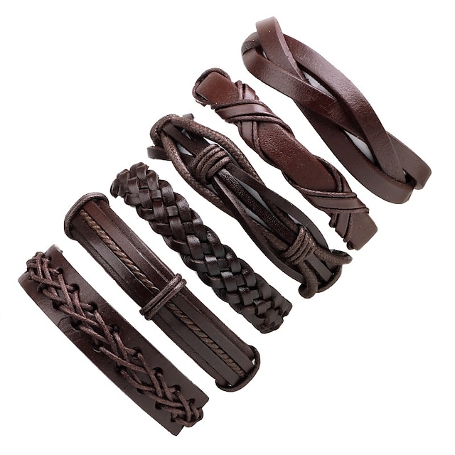  6pcs Men's Leather Bracelet Braided Stack Fashion Classic Cowboy Cool Leather Bracelet Jewelry Black For Street Casual Ceremony