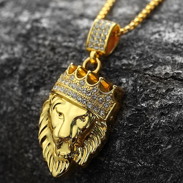  Men's Cubic Zirconia Pendant Necklace Engraved franco chain Lion King Crown Personalized Rock Hip-Hop Dubai 18K Gold Plated Yellow Gold Imitation Diamond Gold Golden Lion 2 Golden Lion 3 Golden Lion