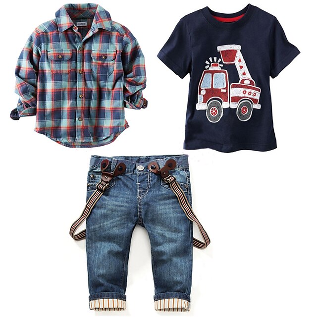  Kids Boys' Shirt & Pants Clothing Set Short Sleeve Long Sleeve Blue Print Print Plaid Daily Holiday Regular Basic Vintage / Fall / Spring