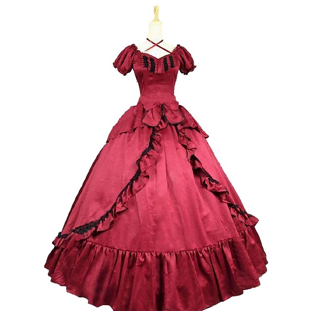  Rokoko Victoriansk Kostume Dame Kjoler Rød / Svart Vintage Cosplay Bomullsblanding Kortermet Puffermer