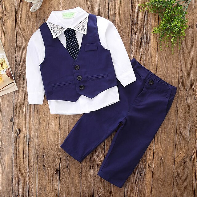  Kids Boys' Suit Vest Shirt & Pants Clothing Set Long Sleeve 4 Pieces Blue Rivet Solid Colored Wedding School Prom Regular Party Basic Formal 3-8 Years