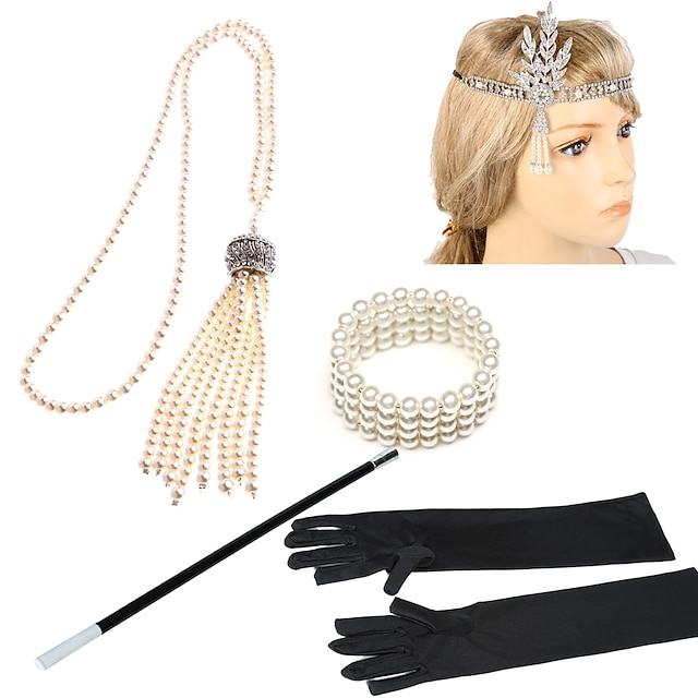  Vintage Roaring 20s 1920s Roaring Twenties Costume Accessory Sets Flapper Headband Accessories Set Head Jewelry Pearl Necklace The Great Gatsby Charleston Women's Artistic Style Party Prom Gloves
