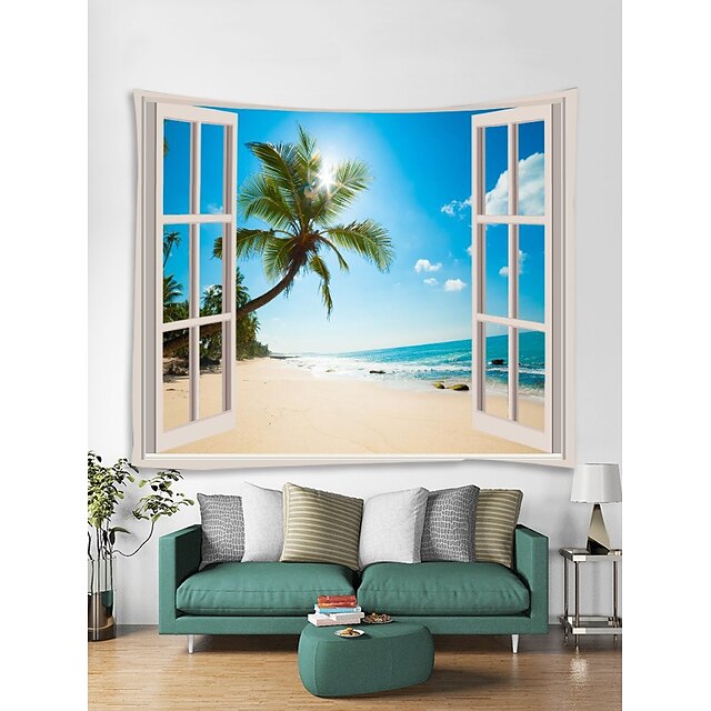  fenêtre paysage grand mur tapisserie art décor couverture rideau pique-nique nappe suspendu maison chambre salon dortoir décoration polyester mer océan plage palmier