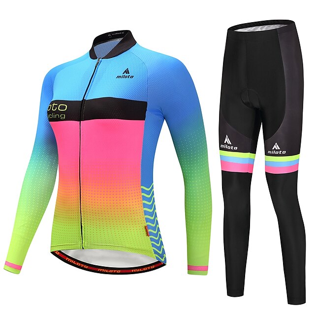  Miloto Women's Long Sleeve Cycling Jersey with Tights Cycling Jacket with Pants Winter Fleece Polyester Blue+Yellow Luminous Rainbow Gradient Plus Size Bike Fleece Lining Reflective Strips Back Pocket