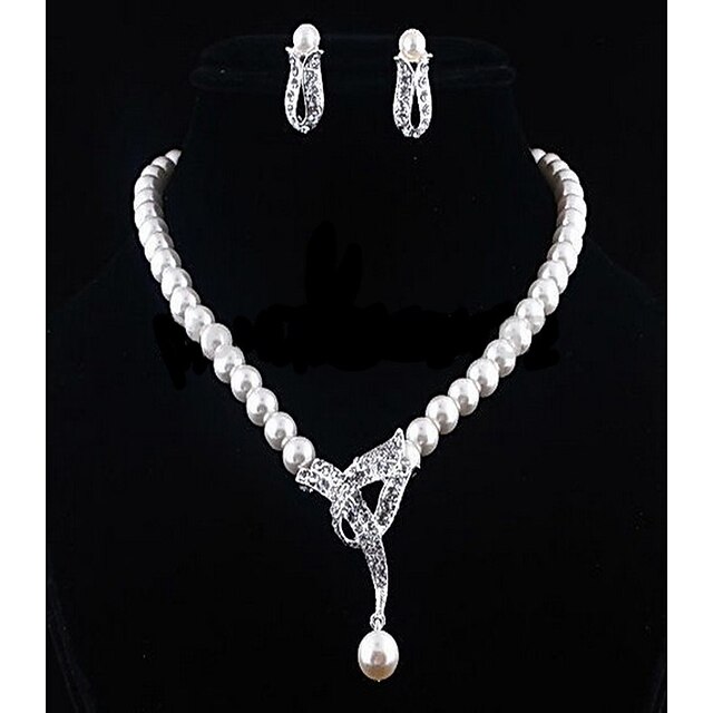  Women's White Cubic Zirconia Drop Earrings Pearl Necklace Beads Flower Ladies Stylish Elegant Romantic Bridal Pearl Earrings Jewelry Silver For Wedding Gift 1 set