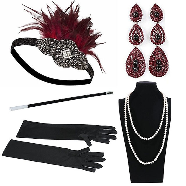  Vintage Roaring 20s 1920s Costume Accessory Sets Gloves Necklace Flapper Headband Accessories Set Head Jewelry Earrings Pearl Necklace The Great Gatsby Charleston Women's Feather Party Prom 1 Pair of