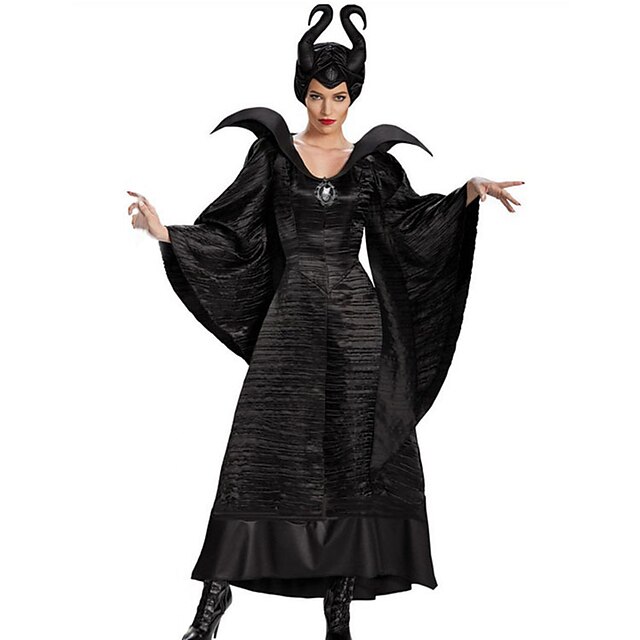  Witch Maleficent Dress Cosplay Costume Hat Women's Adults' Vacation Dress Christmas Halloween Carnival Festival / Holiday Polyster Black Women's Easy Carnival Costumes Solid Color / Brooch / Headwear