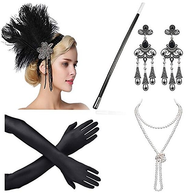 Il grande Gatsby Charleston 1920s Vintage Stile anni '20 Set di accessori per costumi Fascia per capelli da ballerina charleston Per donna Piume Costume Cappelli Collana di perle Dorato / D'oro