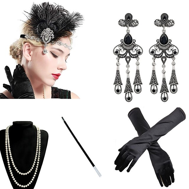  Ruggenti anni '20 1920s Il grande Gatsby Set di accessori per costumi Guanti Fascia per capelli da ballerina charleston Set di accessori Cappelli Orecchino Collana di perle Il grande Gatsby Charleston