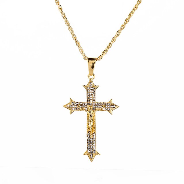  Men's Cubic Zirconia Pendant Necklace Classic Cross Vintage Rock Hip-Hop Chrome Imitation Diamond Gold 71 cm Necklace Jewelry 1pc For Street Bar
