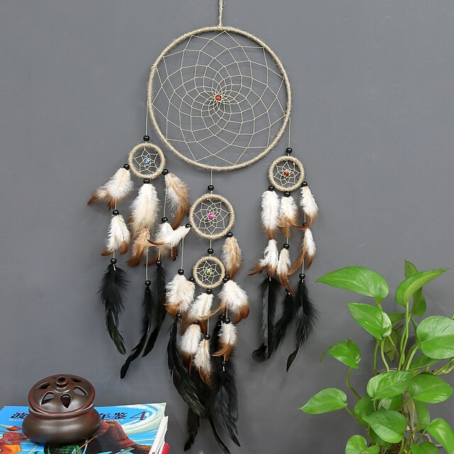  boho dream catcher cadeau fait main tenture murale décor art ornement artisanat plume 5 cercles perle de chanvre pour enfants chambre festival de mariage 75 * 20cm