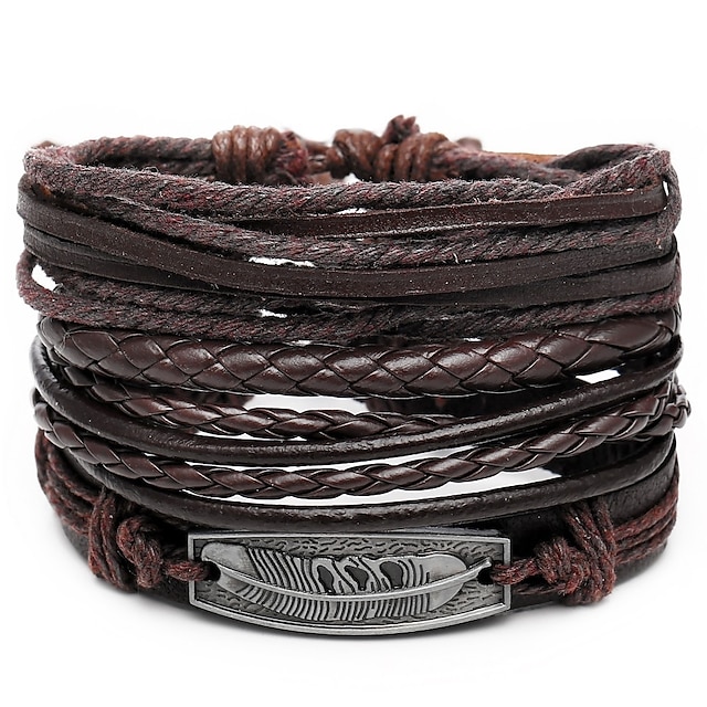  4pcs Men's Leather Bracelet Retro Rope Plaited Wrap Feather Unique Design Hip-Hop PU(Polyurethane) Bracelet Jewelry Brown For Gift Daily