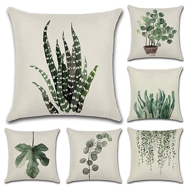 juego de 6 funda de almohada de algodón / lino de imitación, estilo bohemio botánico retro antiguo rústico cojín para el aire libre cojín para sofá sofá cama silla verde