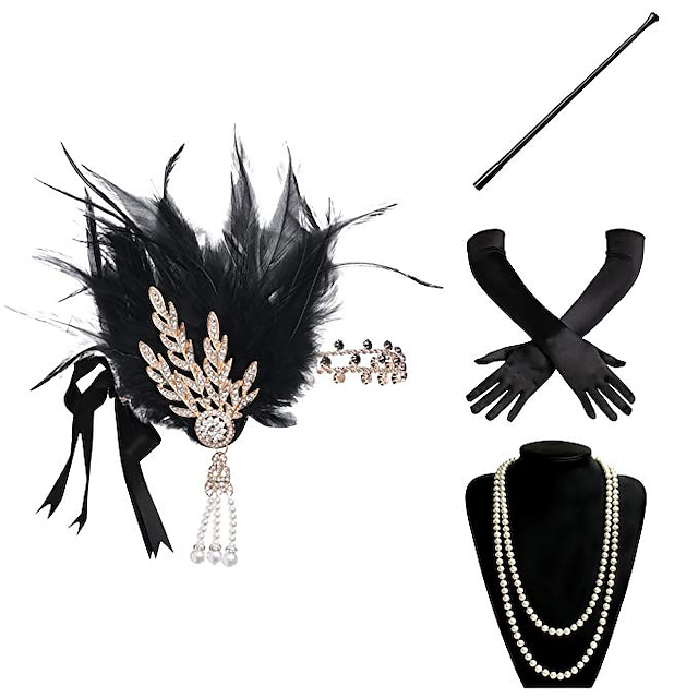  Vintage 1920s Der große Gatsby Kostümzubehör-Sets Flapper Stirnband Zubehör-Set Halskette Charleston Damen Feder Festival Handschuhe