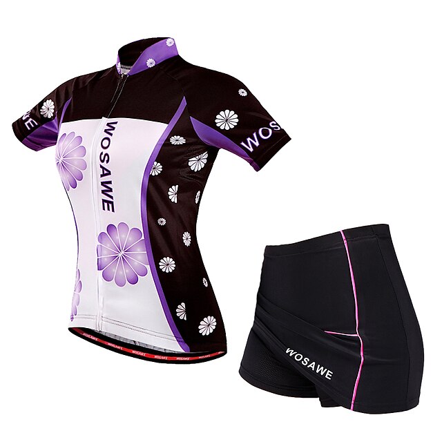  WOSAWE Women's Short Sleeve Cycling Jersey with Skirt Summer Elastane Polyester Violet Floral Botanical Bike Clothing Suit 3D Pad Breathable Back Pocket Sports Mesh Mountain Bike MTB Road Bike Cycling