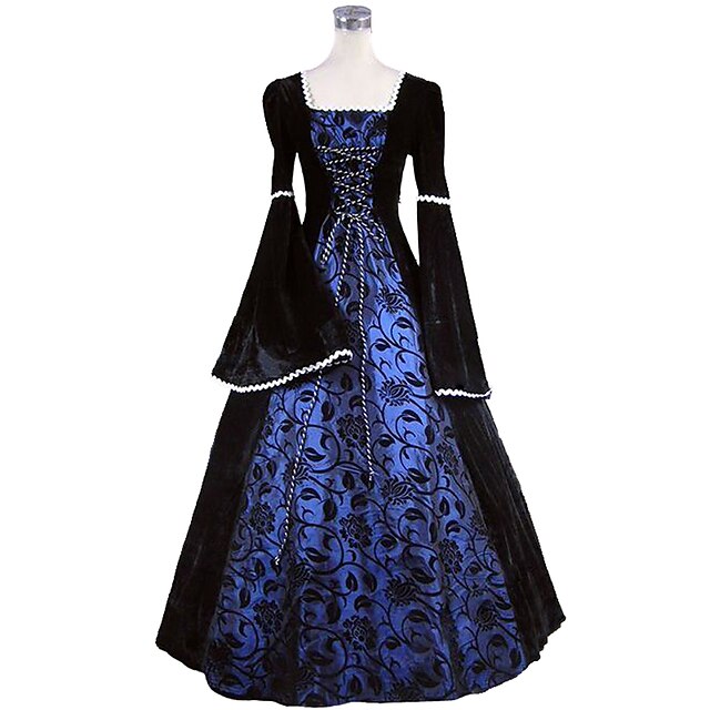  Prinsesse Maria Antonietta Floral stil Rokoko Victoriansk Renessanse Cocktail Kjole Kjoler Party-kostyme Maskerade Dame Blonde Kostume Navyblå Årgang Cosplay 3/4 ermer Jul Halloween Fest / aften