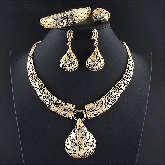 Damen Gold Brautschmuck-Sets Gliederkette Botanisch Vintage Strass Ohrringe Schmuck Gold Für Hochzeit Geschenk Verlobung 1 Set