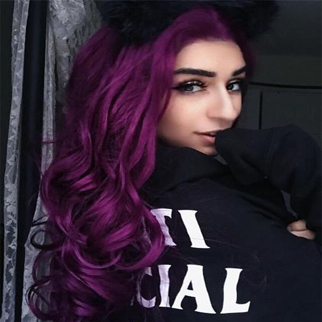  peluca sintética onda del cuerpo parte media peluca larga negro rojo púrpura oscuro cabello sintético 26 pulgadas mujeres mujeres púrpura （sin encaje）