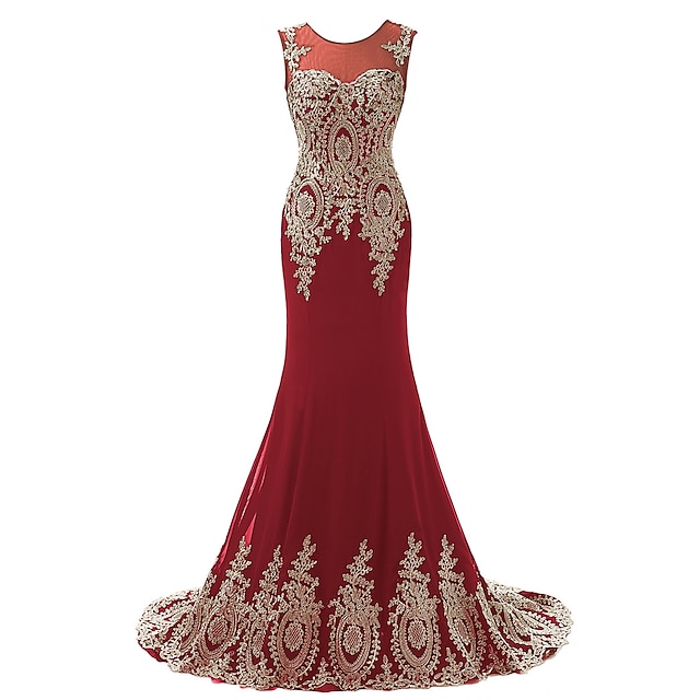  A sirena Lussuoso Rosso Fidanzamento Serata formale Vestito Con decorazione gioiello Senza maniche Strascico di corte Chiffon con Con applique 2020