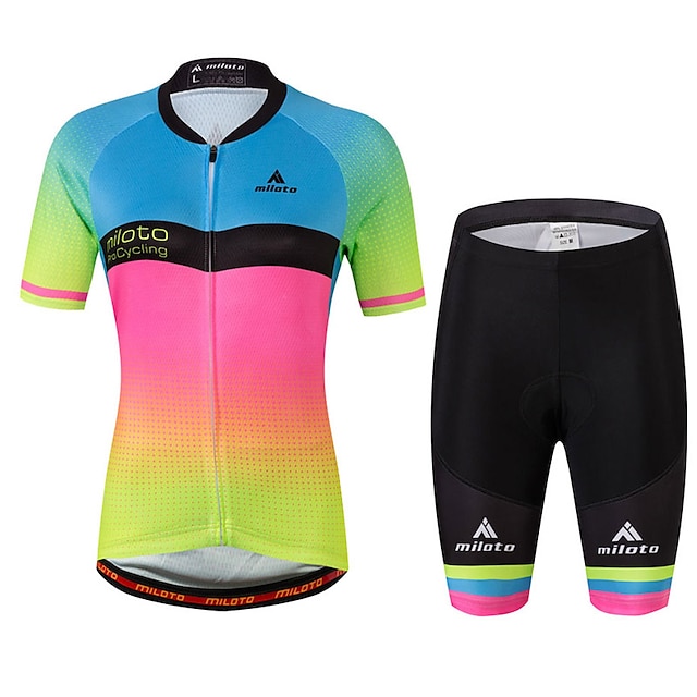 Miloto Women's Short Sleeve Cycling Jersey with Shorts - Rainbow Plus Size Bike Jersey, Reflective Strips, Sweat-wicking Spandex Gradient / Stretchy