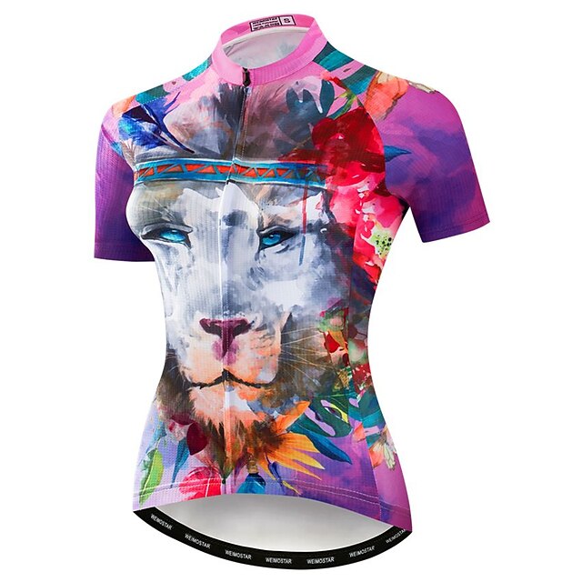  21Grams Women's Cycling Jersey Short Sleeve Bike Jersey Top with 3 Rear Pockets Breathable Quick Dry Moisture Wicking Mountain Bike MTB Road Bike Cycling Violet Elastane Polyester 3D Lion Animal