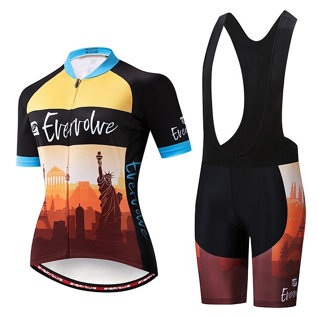  EVERVOLVE Women's Cycling Jersey with Bib Shorts Short Sleeve - Summer Lycra Cotton White Black Funny Statue Of Liberty Bike Anatomic Design Quick Dry Moisture Wicking Breathable Back Pocket Clothing