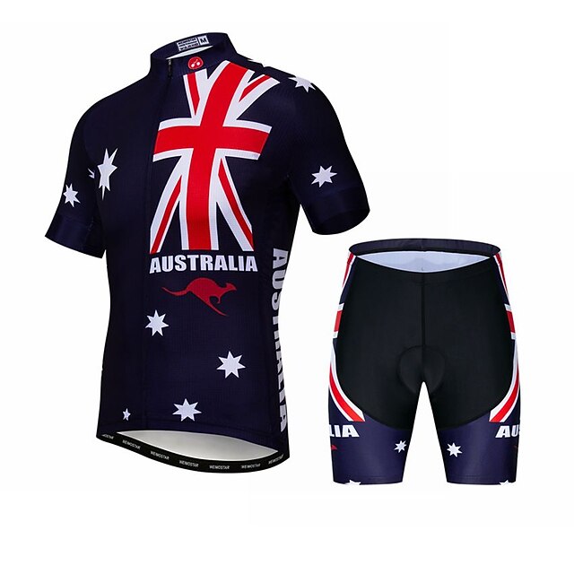  21Grams® Australia National Flag Short Sleeve Men's Cycling Jersey with Shorts - Red+Blue Bike Breathable Quick Dry Back Pocket Clothing Suit Sports Elastane Terylene Summer Mountain Bike MTB Road