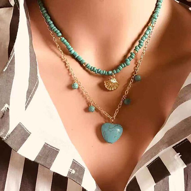  Women's Green Pendant Necklace Necklace Layered Heart Weave Ethnic Fashion Vintage Korean Imitation Pearl Chrome Stone Turquoise 43 cm Necklace Jewelry 1pc For Daily / Layered Necklace