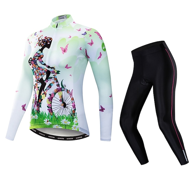  21Grams® Butterfly Floral Botanical Funny Long Sleeve Women's Cycling Jersey with Tights - Blushing Pink Green Bike UV Resistant Breathable Anatomic Design Clothing Suit Sports Elastane Terylene