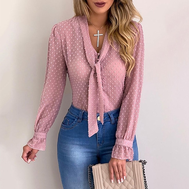  Women's Work Plus Size Blouse Shirt Long Sleeve Solid Colored V Neck Embroidered Bow Basic Streetwear Tops Regular Fit Chiffon Blushing Pink White Black