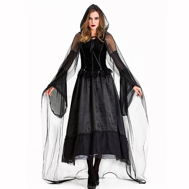  Ghostly Bride Dress Cosplay Costume Gloves Cloak Party Costume Women's Adults' Cosplay Vacation Dress Halloween Halloween Festival / Holiday Tulle Cotton / Polyester Blend Black Women's Easy Carnival