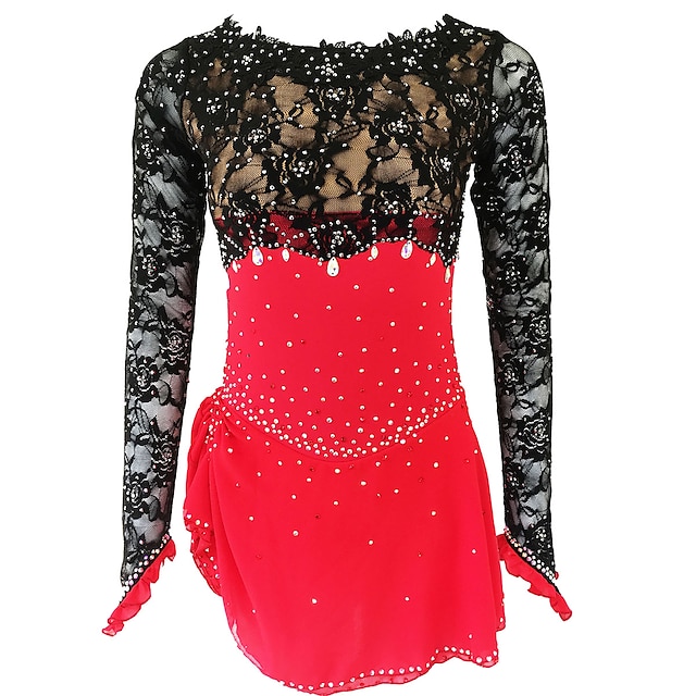  Figure Skating Dress Women's Girls' Ice Skating Dress Outfits Red Spandex Stretch Yarn Open Back Training Micro-elastic Skating Wear Classic Crystal / Rhinestone Ice Skating Figure Skating Long Sleeve