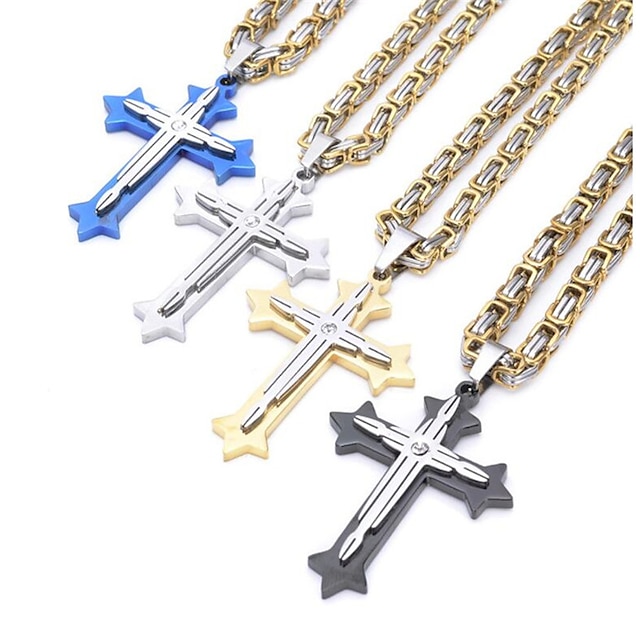 Men's Pendant Necklace Long Necklace Long Byzantine Cross Crucifix Fashion Vintage Cool Hip Hop Stainless Steel Titanium Steel Blue Silver Gold Black 60 cm Necklace Jewelry For Party Street Gift