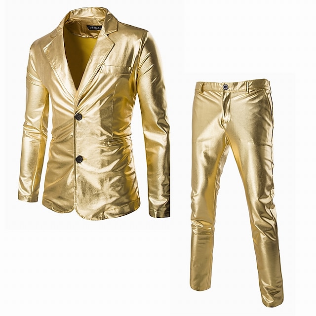  Disco 1980s Pants Suits & Blazers Lapel Collar Blazer Men's Shiny Metallic Solid Color Turndown Christmas Party Halloween Club Adults' Tuxedo Spring Fall