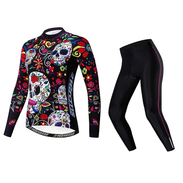  21Grams Sugar Skull Women's Long Sleeve Cycling Jersey with Tights - Black / Red Bike Clothing Suit Thermal / Warm Breathable Quick Dry Sports Winter Elastane Terylene Polyester Taffeta Mountain Bike